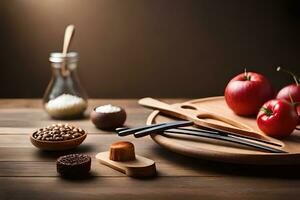 a wooden table with various ingredients and spices. AI-Generated photo