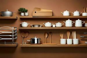 a shelf with many different types of pots and pans. AI-Generated photo