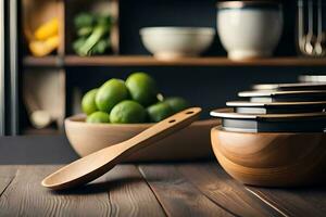 a wooden bowl with a spoon sitting on top of a wooden table. AI-Generated photo