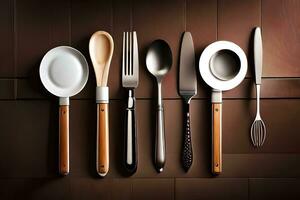 a group of utensils on a wooden surface. AI-Generated photo