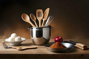 kitchen utensils on wooden table. AI-Generated photo