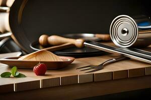 a wooden cutting board with a knife, fork and spoon. AI-Generated photo