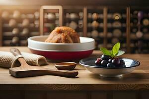 a wooden table with a bowl of fruit and a wooden spoon. AI-Generated photo
