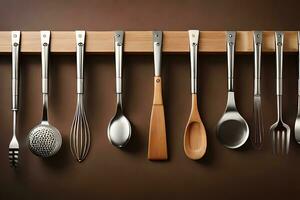 a wooden rack with many different utensils. AI-Generated photo