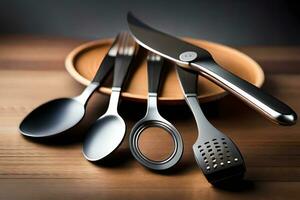 a set of four spoons, forks and knives on a wooden table. AI-Generated photo