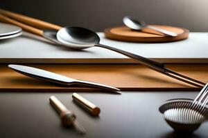 a table with a knife, fork and spoon on it. AI-Generated photo