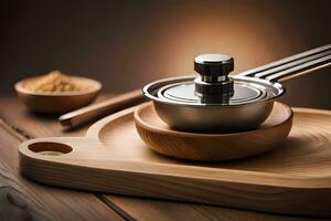 a wooden cutting board with a mortar and pestle. AI-Generated photo