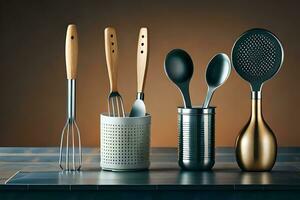 a group of utensils and spoons on a counter. AI-Generated photo