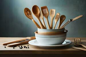 a bowl of wooden utensils on a table. AI-Generated photo