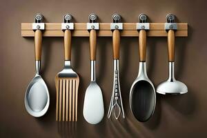 kitchen utensils hanging on a wooden rack. AI-Generated photo