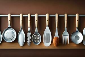 a rack with many different utensils hanging on it. AI-Generated photo