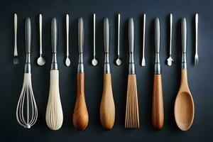 a collection of wooden utensils on a dark background. AI-Generated photo