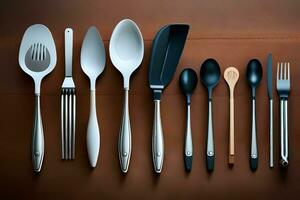 a collection of utensils arranged on a brown surface. AI-Generated photo