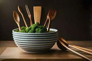 a bowl filled with wooden utensils and broccoli. AI-Generated photo