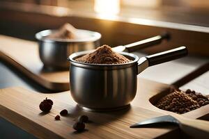 two cups of cocoa powder on a wooden cutting board. AI-Generated photo