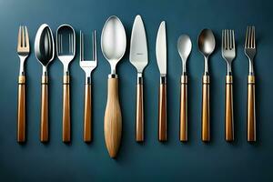 a set of different types of utensils on a blue background. AI-Generated photo