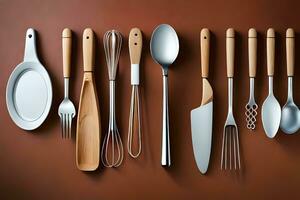 a group of different utensils on a brown surface. AI-Generated photo