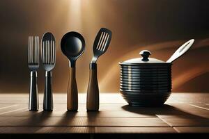 a set of utensils on a table with a light behind them. AI-Generated photo