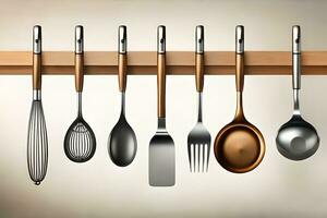 a group of utensils hanging on a wooden shelf. AI-Generated photo