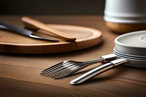 a wooden table with a knife, fork and spoon. AI-Generated photo