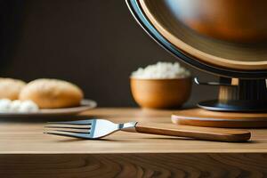 un tenedor y cuchillo en un mesa siguiente a un cuenco de un pan. generado por ai foto