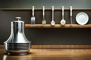 a silver and black kitchen utensil is on a shelf. AI-Generated photo