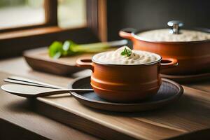 dos ollas de sopa en un mesa con cucharas generado por ai foto