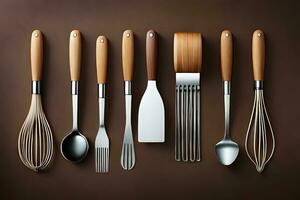 kitchen utensils on brown background. AI-Generated photo