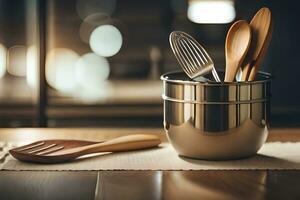a wooden utensil is sitting in a metal pot. AI-Generated photo