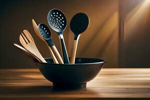 a bowl with four wooden utensils in it. AI-Generated photo