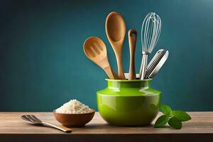 kitchen utensils in green vase on wooden table. AI-Generated photo