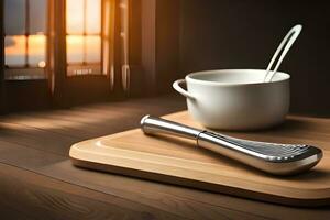 un cuchara y un taza en un de madera mesa. generado por ai foto