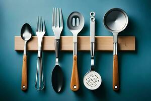 a group of utensils on a wooden shelf. AI-Generated photo