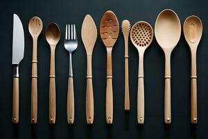 a group of wooden utensils on a black background. AI-Generated photo