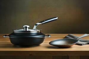 a black pot and pan on a wooden table. AI-Generated photo