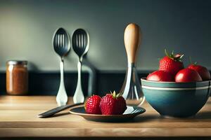 un cuenco de fresas y un cuchara en un mesa. generado por ai foto