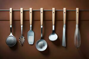 a group of utensils hanging on a wall. AI-Generated photo