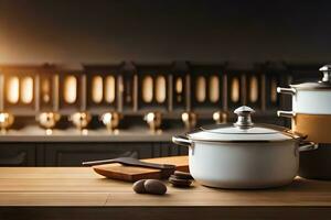 a kitchen with pots and pans on a table. AI-Generated photo