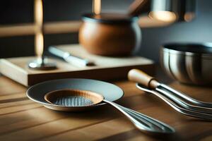 a wooden table with utensils and a spoon. AI-Generated photo