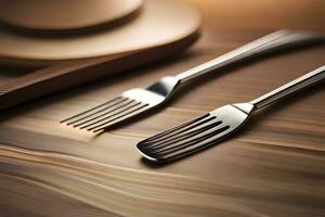 two forks and a knife on a wooden table. AI-Generated photo