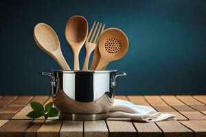 wooden utensils in a pot on a wooden table. AI-Generated photo