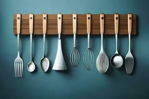 a wooden rack with utensils hanging on it. AI-Generated photo