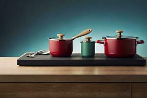 three pots and pans on a wooden tray. AI-Generated photo