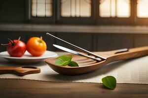 a wooden spoon and knife on a table. AI-Generated photo