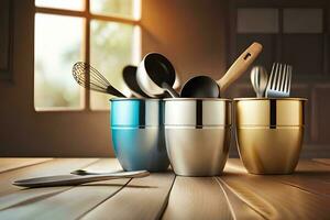 three silver and gold utensils sit in a cup on a table. AI-Generated photo