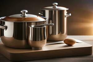 a set of stainless steel pots and pans on a wooden cutting board. AI-Generated photo