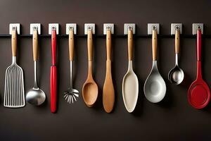 a group of utensils hanging on a wall. AI-Generated photo