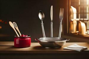 a red pot with a bowl and utensils on a table. AI-Generated photo