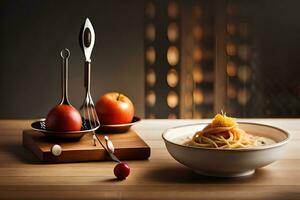 a bowl of spaghetti and two spoons on a table. AI-Generated photo