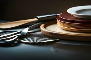 a stack of plates and utensils on a table. AI-Generated photo